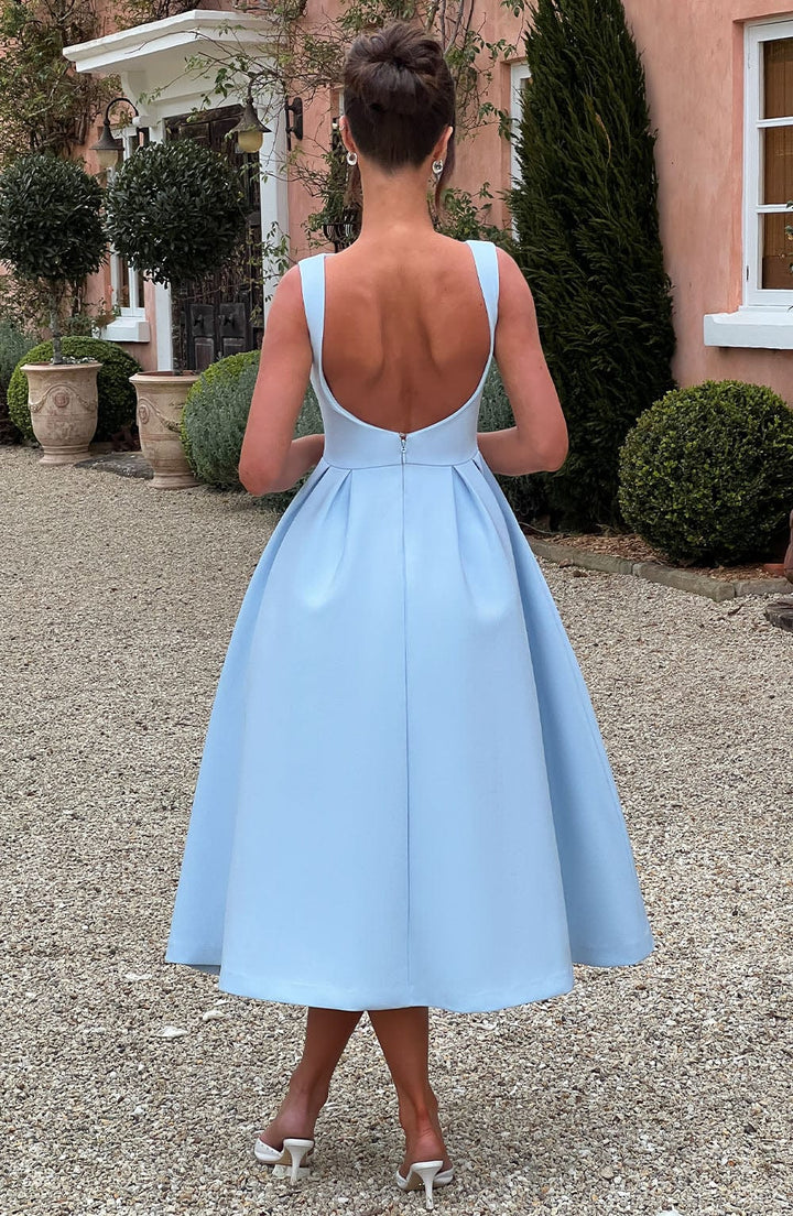 Damen Midikleid mit Bootsausschnitt V Taillennaht und Weitem Faltenrock