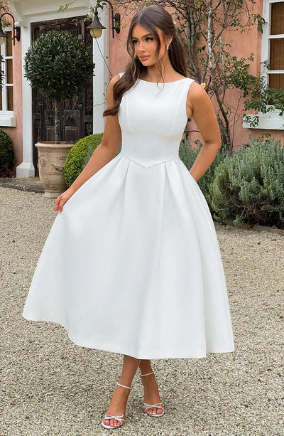 Damen Midikleid mit Bootsausschnitt V Taillennaht und Weitem Faltenrock
