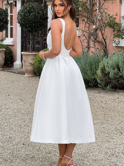 Damen Midikleid mit Bootsausschnitt V Taillennaht und Weitem Faltenrock
