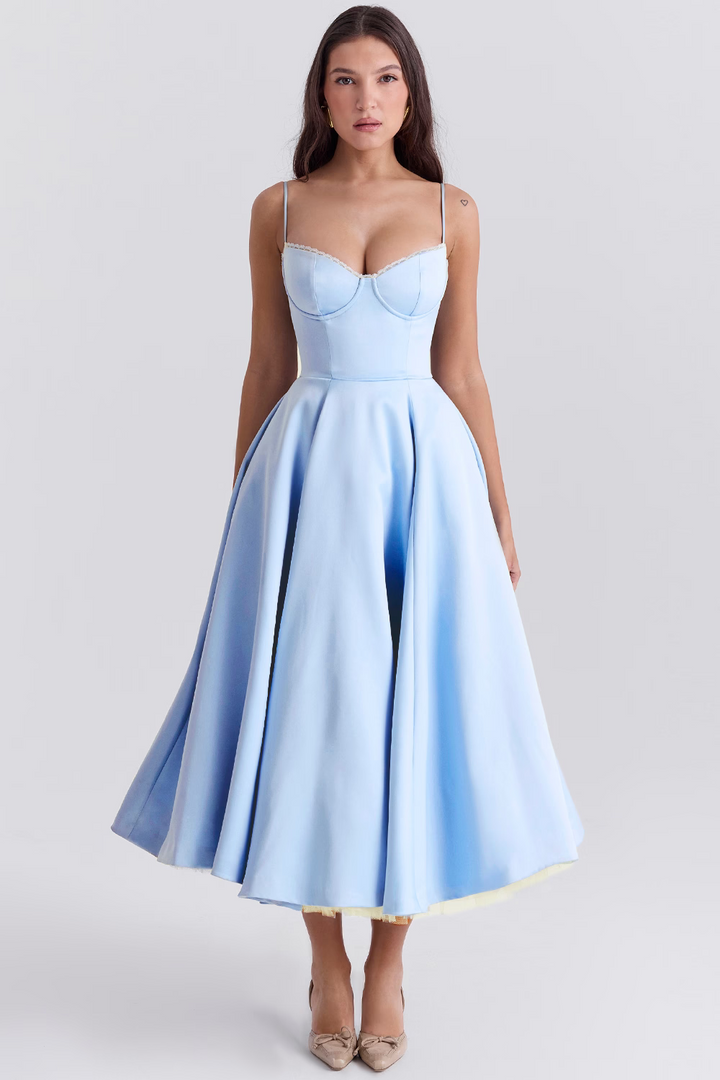 Damen Midikleid mit Bustier-Oberteil Spaghettiträgern Spitzenbesatz am Ausschnitt und Tellerrock mit Seitentaschen