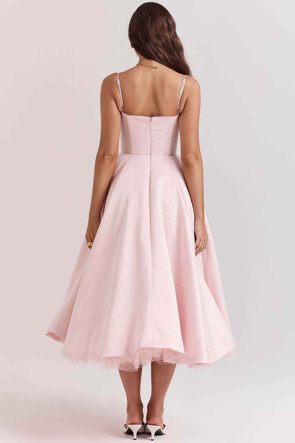 Damen Midikleid mit Bustier-Oberteil Spaghettiträgern Spitzenbesatz am Ausschnitt und Tellerrock mit Seitentaschen