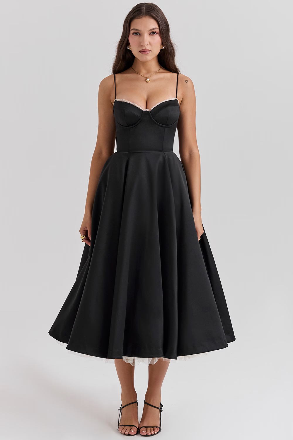 Damen Midikleid mit Bustier-Oberteil Spaghettiträgern Spitzenbesatz am Ausschnitt und Tellerrock mit Seitentaschen