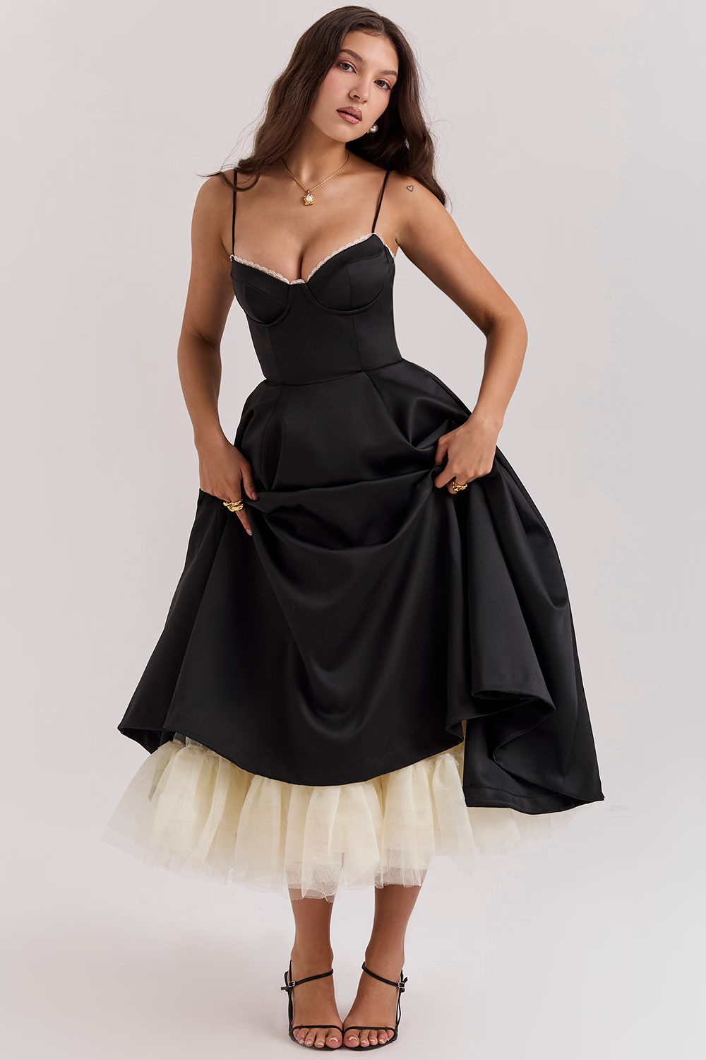 Damen Midikleid mit Bustier-Oberteil Spaghettiträgern Spitzenbesatz am Ausschnitt und Tellerrock mit Seitentaschen