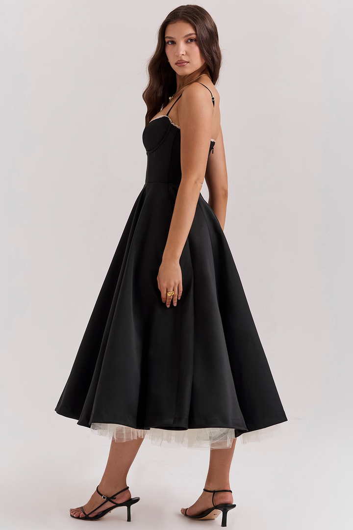 Damen Midikleid mit Bustier-Oberteil Spaghettiträgern Spitzenbesatz am Ausschnitt und Tellerrock mit Seitentaschen