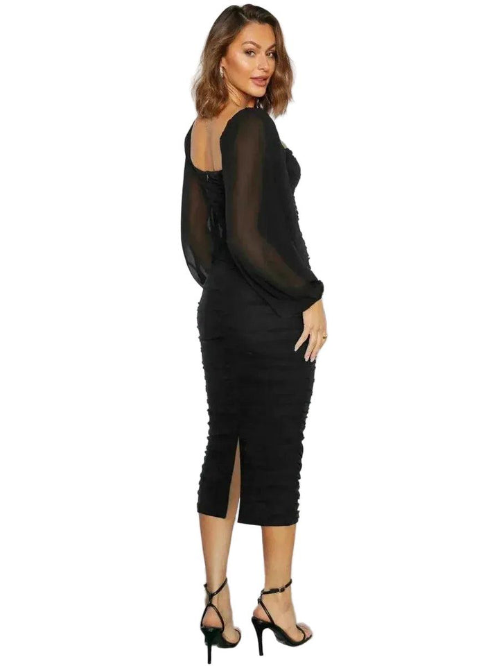 Damen Midikleid mit eckigem Ausschnitt und langen Ballonärmeln-Midi Dress-Alpenkind