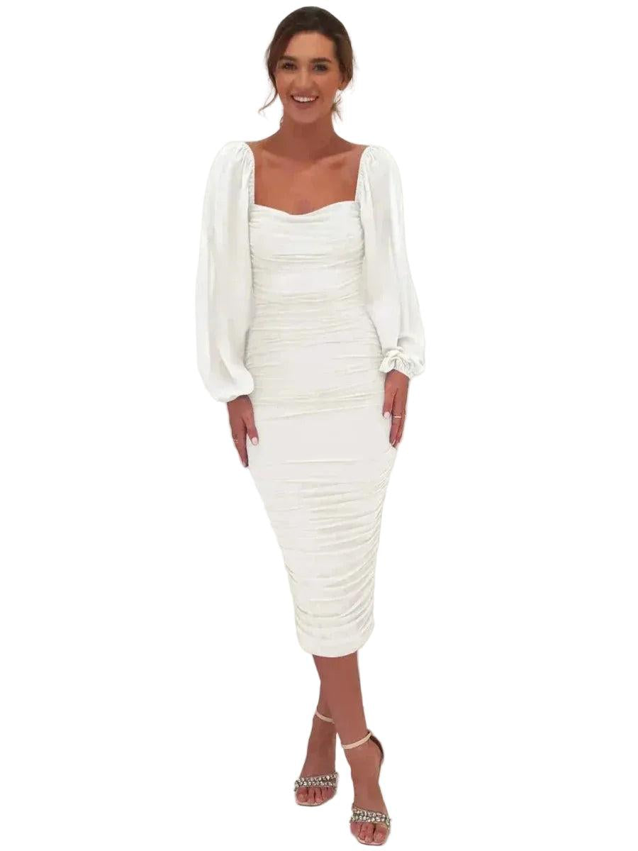 Damen Midikleid mit eckigem Ausschnitt und langen Ballonärmeln-Midi Dress-Alpenkind