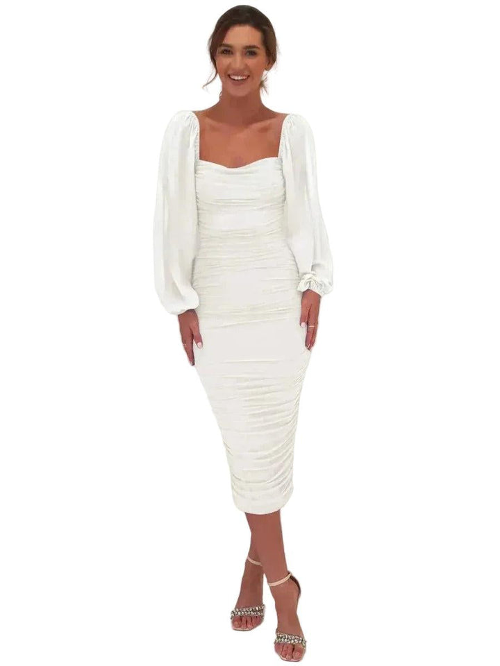 Damen Midikleid mit eckigem Ausschnitt und langen Ballonärmeln-Midi Dress-Alpenkind
