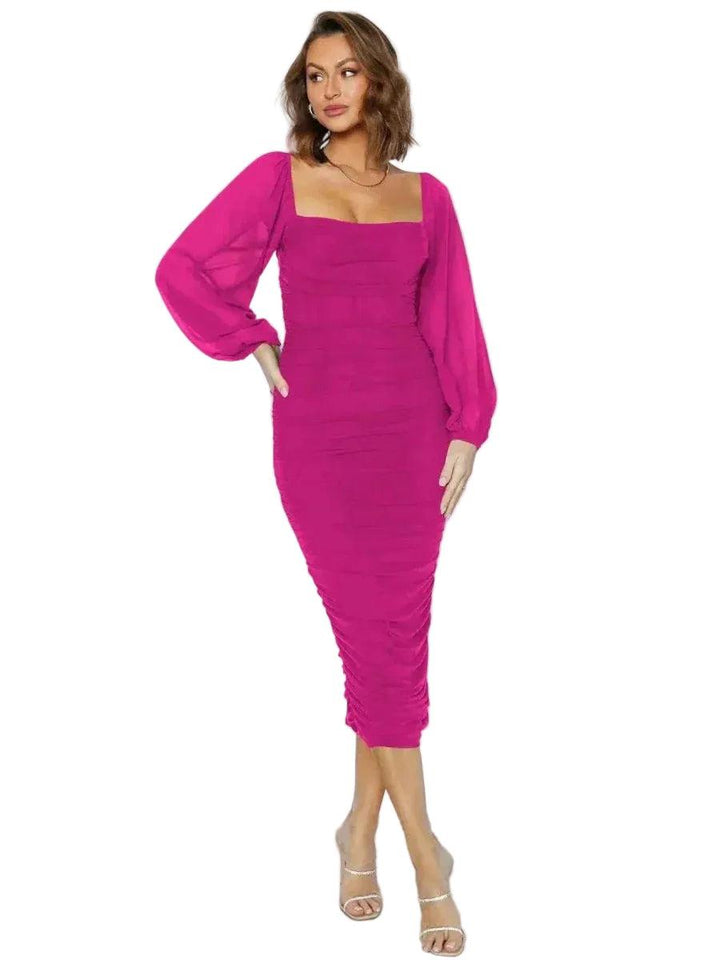 Damen Midikleid mit eckigem Ausschnitt und langen Ballonärmeln-Midi Dress-Alpenkind