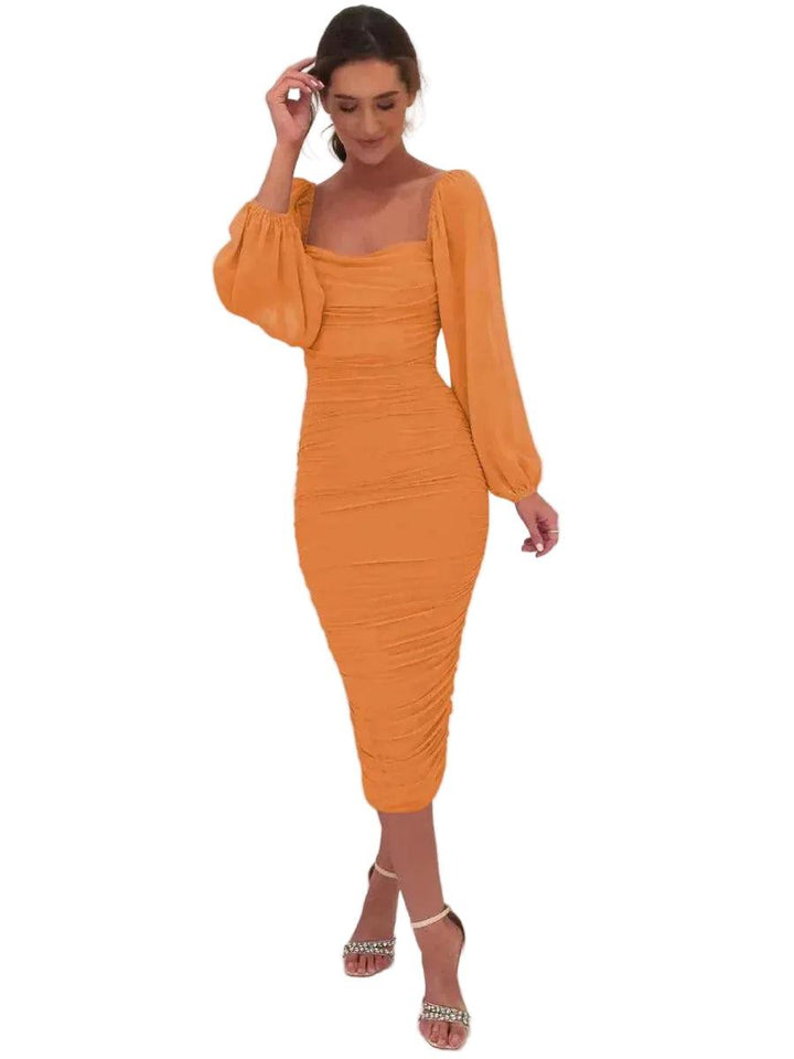 Damen Midikleid mit eckigem Ausschnitt und langen Ballonärmeln-Midi Dress-Alpenkind
