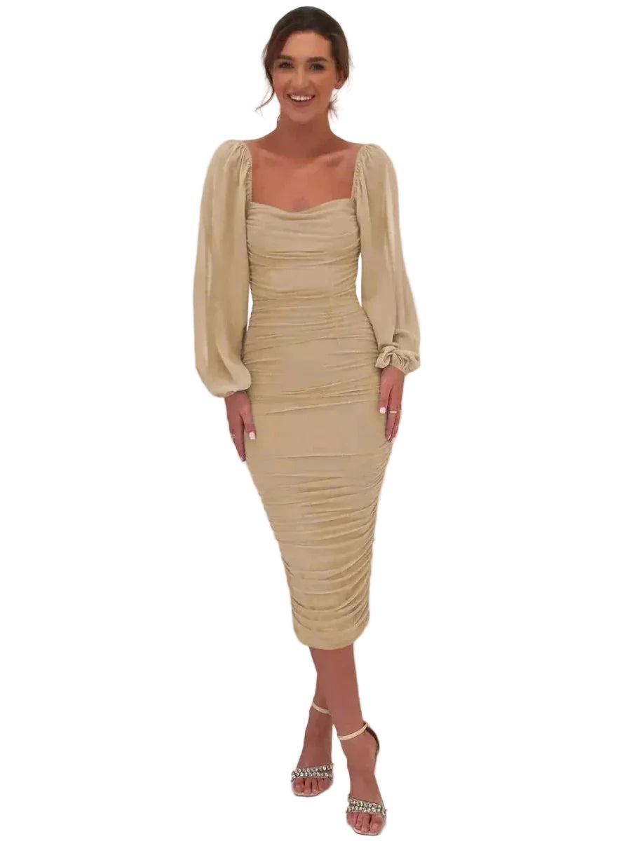 Damen Midikleid mit eckigem Ausschnitt und langen Ballonärmeln-Midi Dress-Alpenkind
