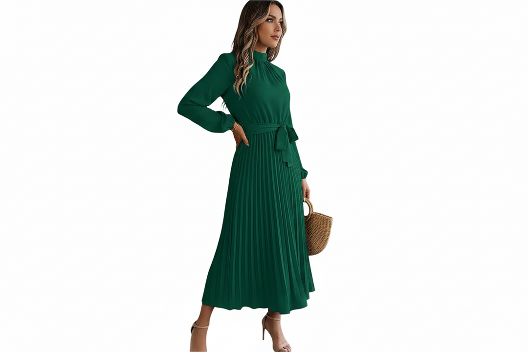 Damen-Midikleid mit Falten, langen Ärmeln und Taillengürtel-Midi Dress-Alpenkind
