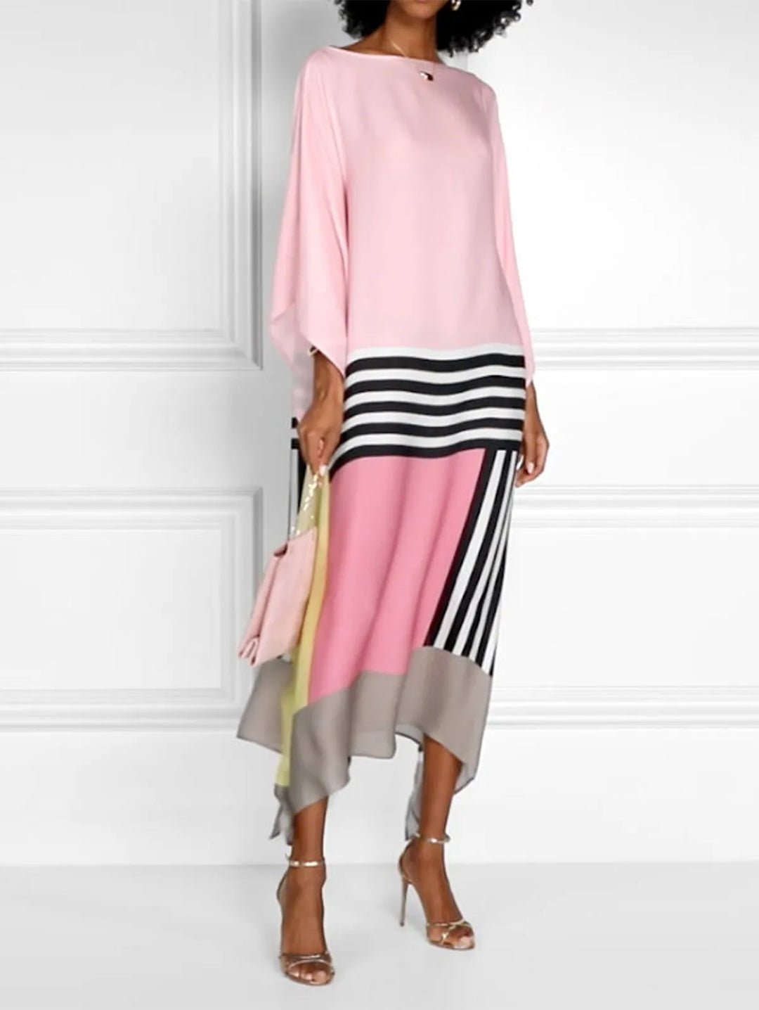 Damen Midikleid mit Fledermausärmeln und asymmetrischem Saum in Farbblock-Muster