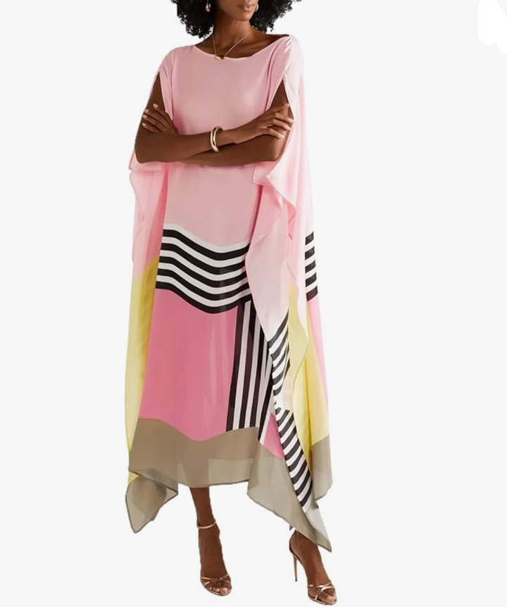 Damen Midikleid mit Fledermausärmeln und asymmetrischem Saum in Farbblock-Muster