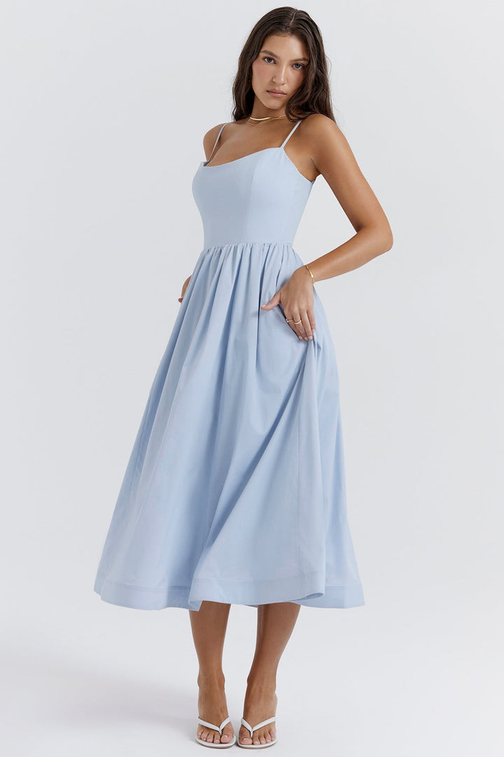 Damen Midikleid mit geradem Ausschnitt und Spaghettiträgern mit Taillenaht und weitem Rock