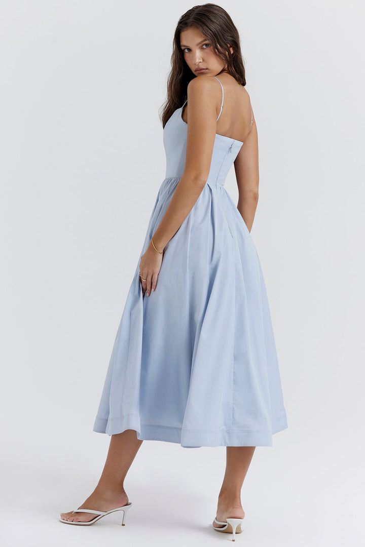Damen Midikleid mit geradem Ausschnitt und Spaghettiträgern mit Taillenaht und weitem Rock