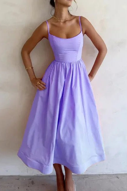 Damen Midikleid mit geradem Ausschnitt und Spaghettiträgern mit Taillenaht und weitem Rock