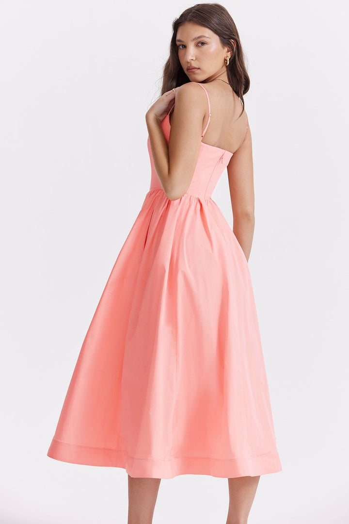 Damen Midikleid mit geradem Ausschnitt und Spaghettiträgern mit Taillenaht und weitem Rock