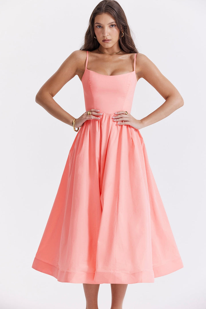 Damen Midikleid mit geradem Ausschnitt und Spaghettiträgern mit Taillenaht und weitem Rock
