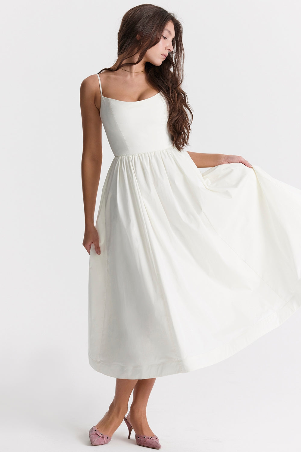 Damen Midikleid mit geradem Ausschnitt und Spaghettiträgern mit Taillenaht und weitem Rock