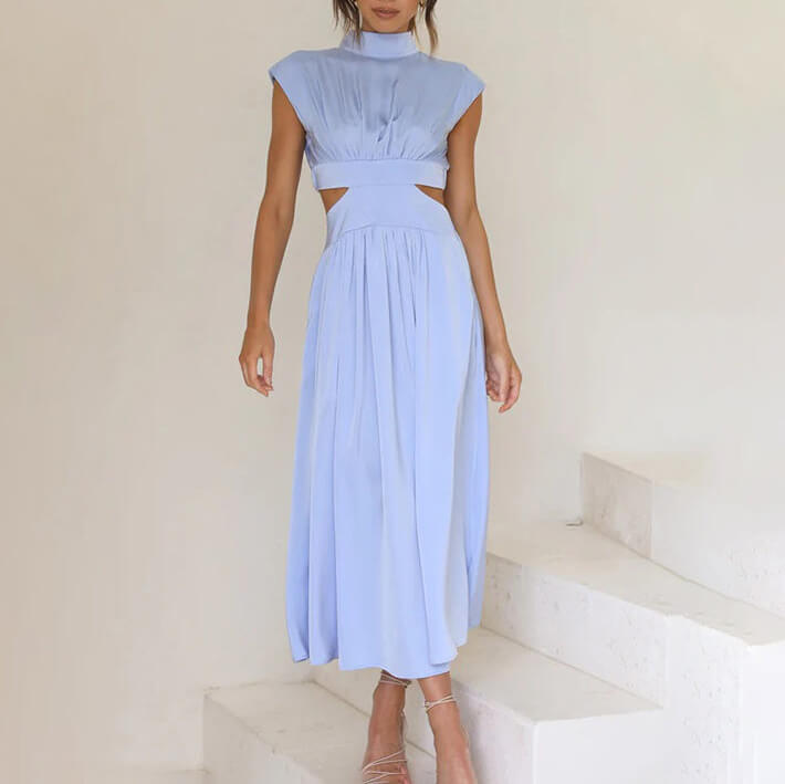 Damen Midikleid mit gerafftem Oberteil Kappenärmeln und seitlichen Taillenausschnitten