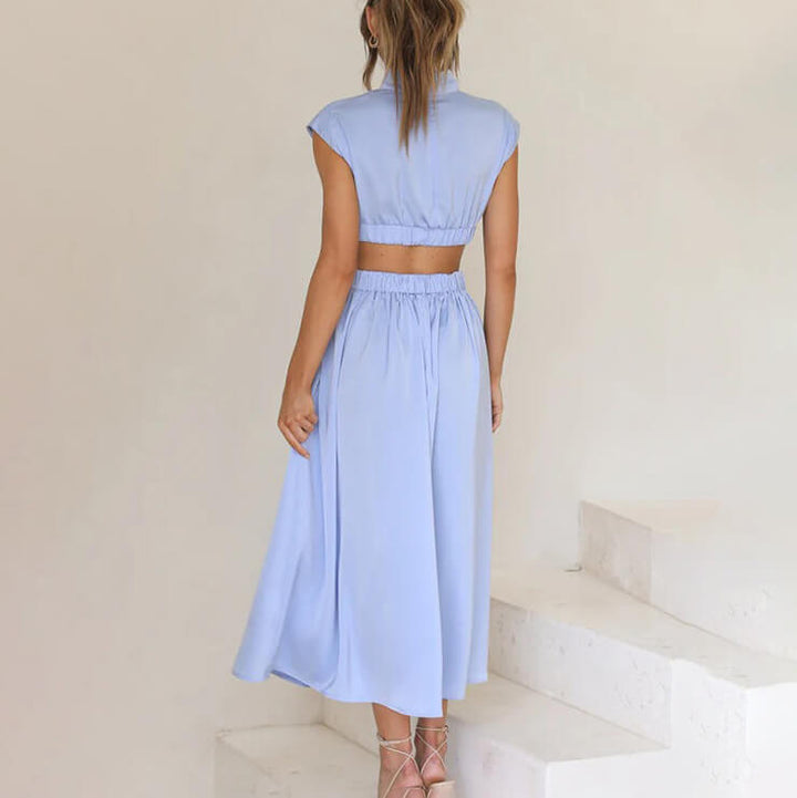 Damen Midikleid mit gerafftem Oberteil Kappenärmeln und seitlichen Taillenausschnitten