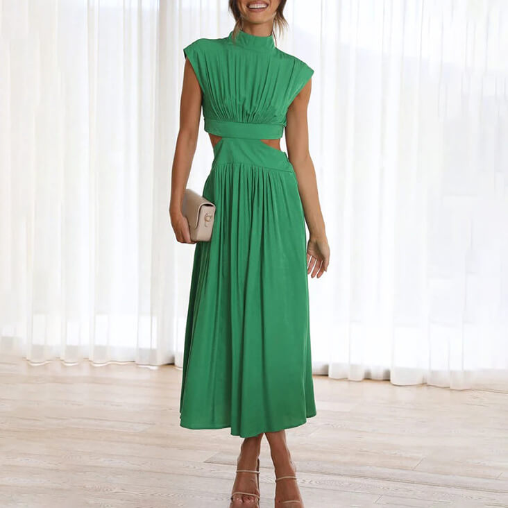 Damen Midikleid mit gerafftem Oberteil Kappenärmeln und seitlichen Taillenausschnitten