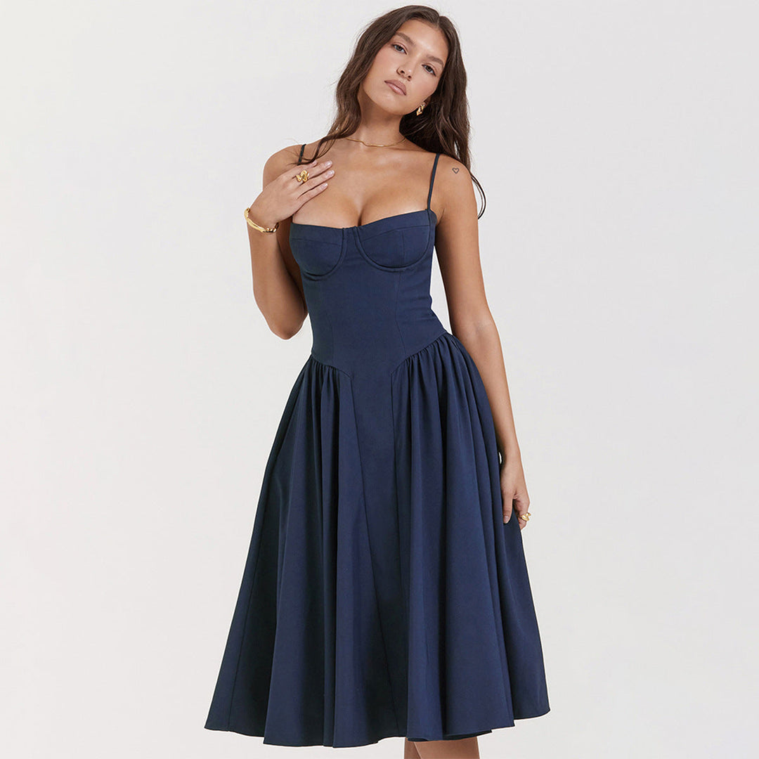 Damen Midikleid mit Herzausschnitt Korsett-Oberteil dünnen Trägern und Seitentaschen