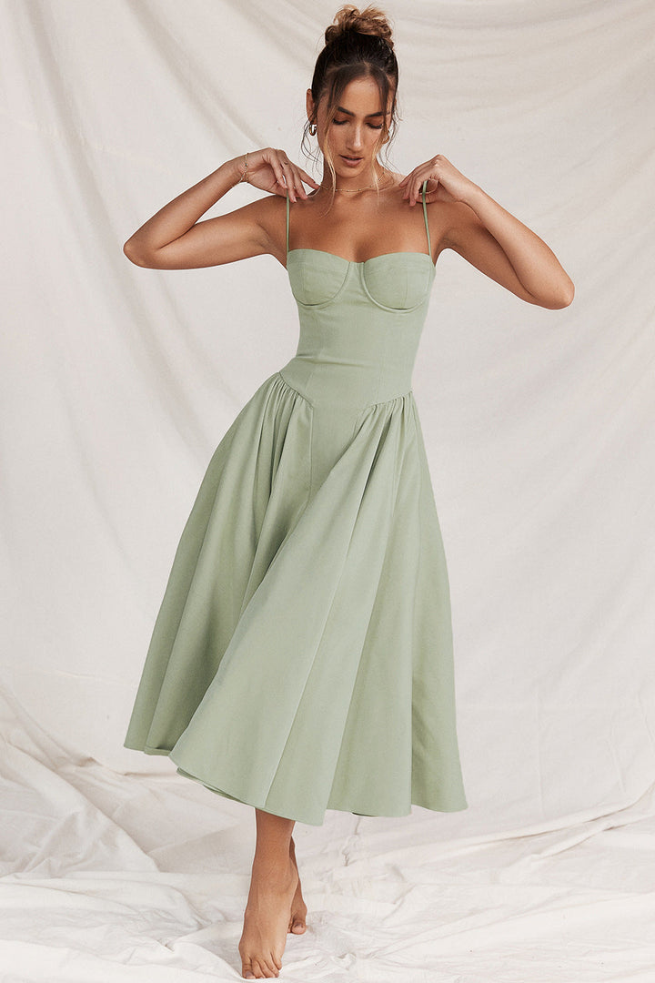 Damen Midikleid mit Herzausschnitt Korsett-Oberteil dünnen Trägern und Seitentaschen