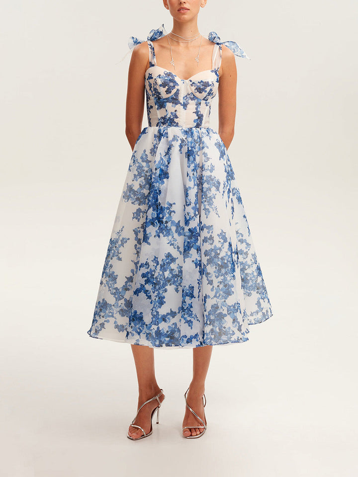 Damen Midikleid mit Herzausschnitt und Bindeträgern mit Schleifen und Blumenmuster