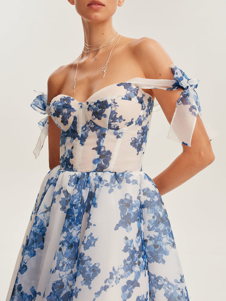 Damen Midikleid mit Herzausschnitt und Bindeträgern mit Schleifen und Blumenmuster