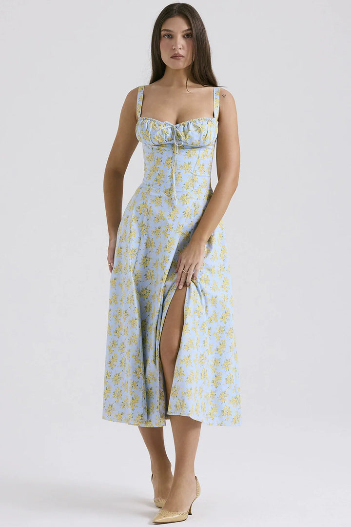 Damen Midikleid mit Herzausschnitt und breiten Trägern mit Ziernähten am Oberteil und Blumenmuster