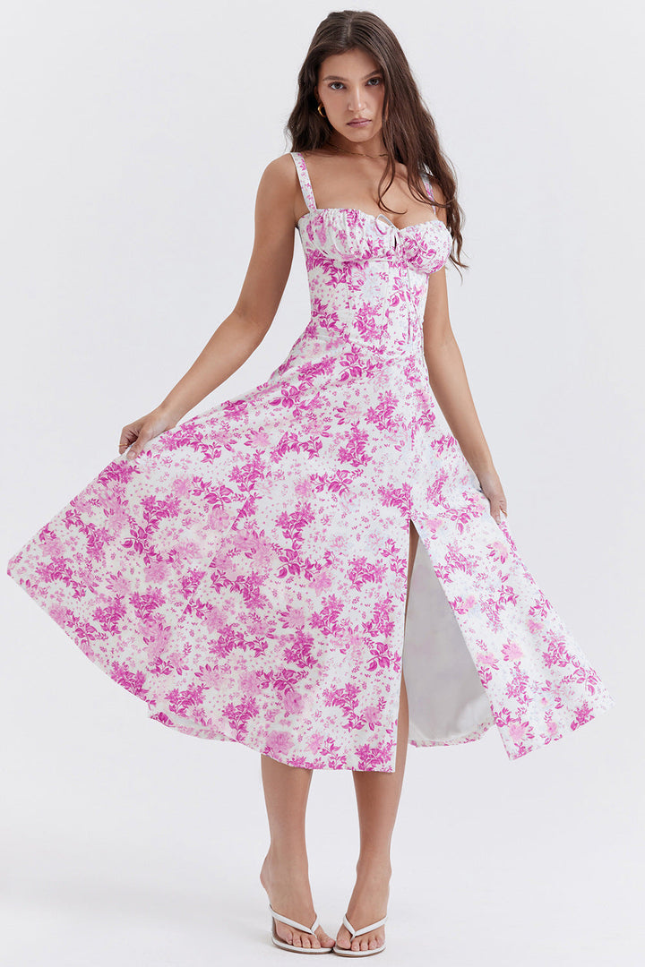 Damen Midikleid mit Herzausschnitt und breiten Trägern mit Ziernähten am Oberteil und Blumenmuster