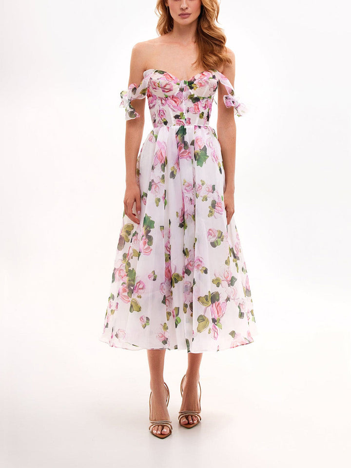 Damen Midikleid mit Herzausschnitt und Rüschenärmeln mit Schnürung am Rücken und Blumenmuster