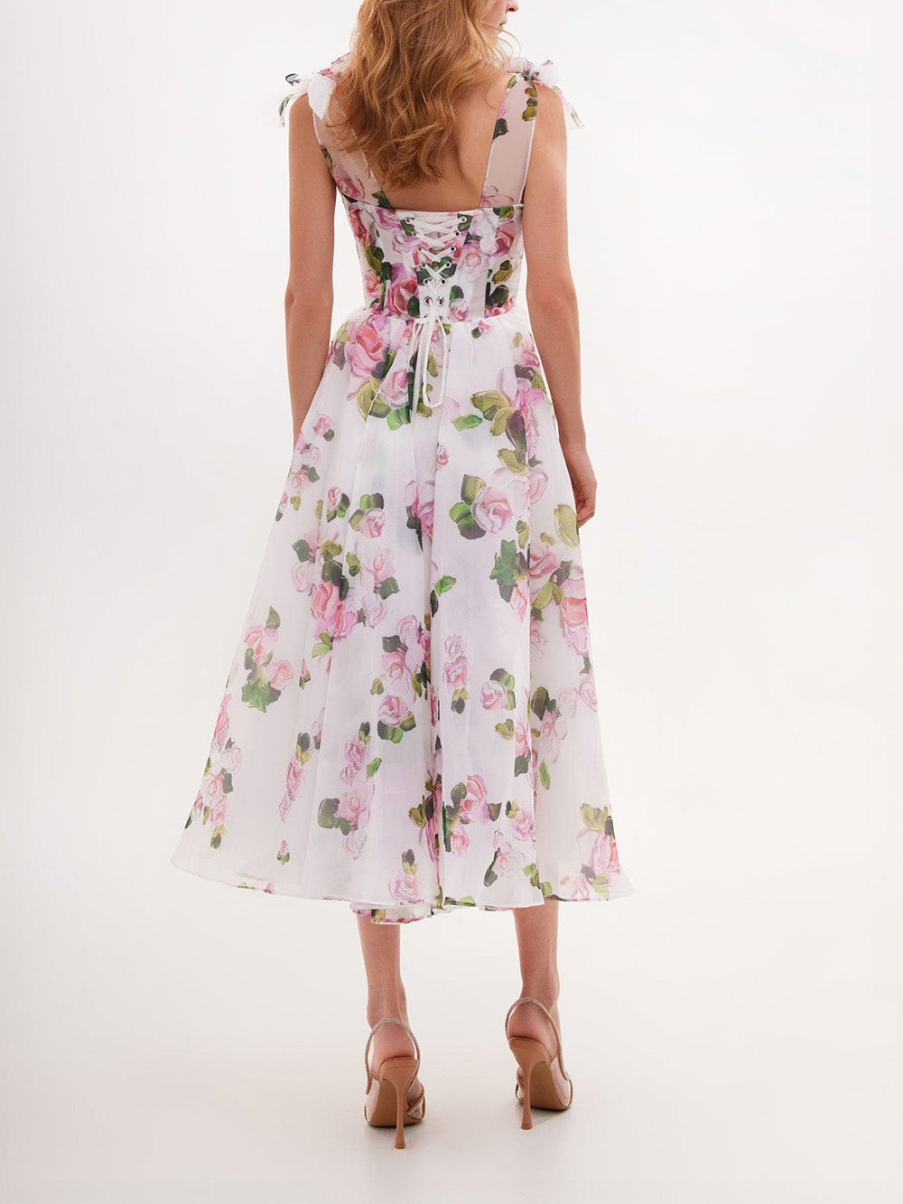 Damen Midikleid mit Herzausschnitt und Rüschenärmeln mit Schnürung am Rücken und Blumenmuster