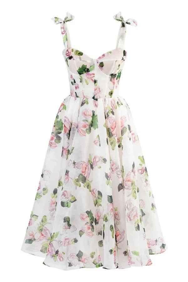 Damen Midikleid mit Herzausschnitt und Rüschenärmeln mit Schnürung am Rücken und Blumenmuster