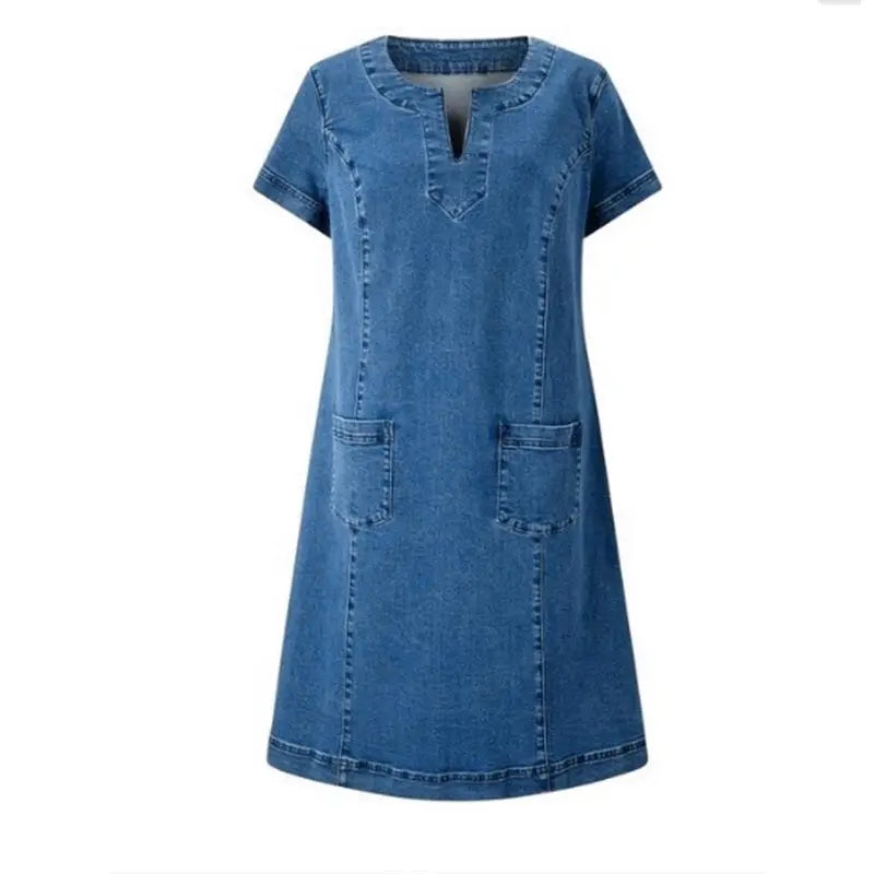 Damen Midikleid mit Kerbausschnitt kurzen Ärmeln und aufgesetzten Taschen