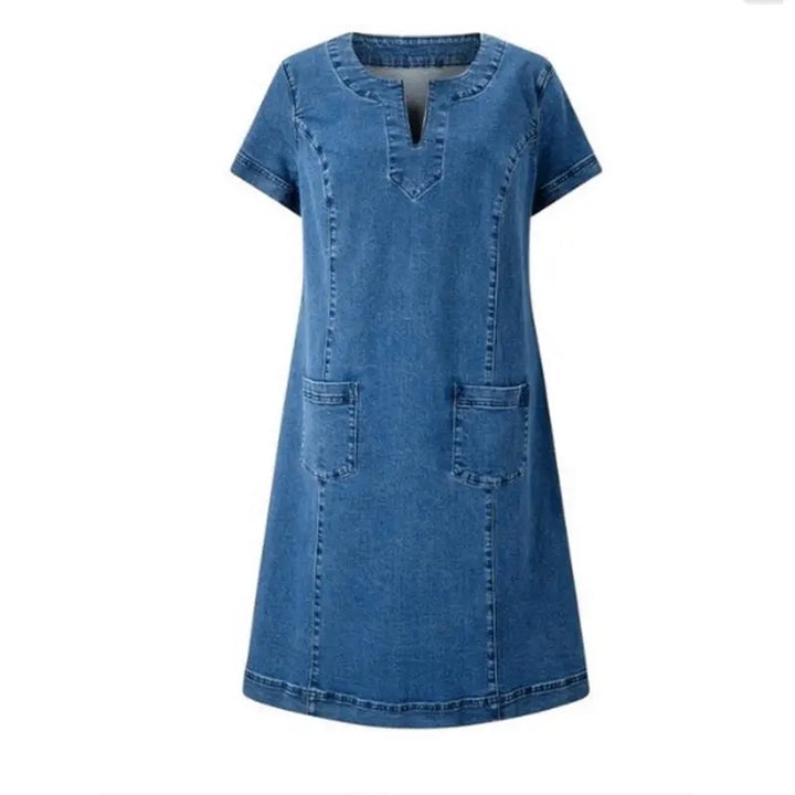 Damen Midikleid mit Kerbausschnitt kurzen Ärmeln und aufgesetzten Taschen