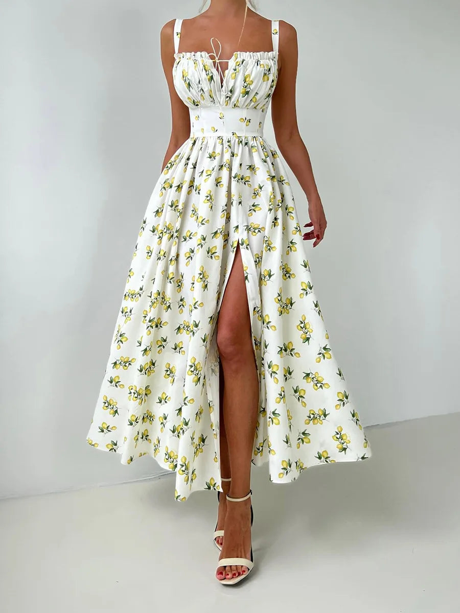 Damen Midikleid mit Muster und Herzausschnitt mit Seitenschlitz und Trägern