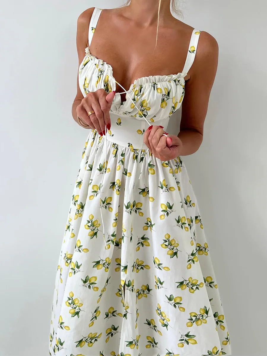 Damen Midikleid mit Muster und Herzausschnitt mit Seitenschlitz und Trägern