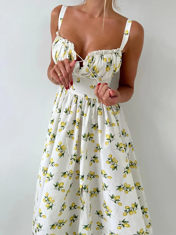 Damen Midikleid mit Muster und Herzausschnitt mit Seitenschlitz und Trägern