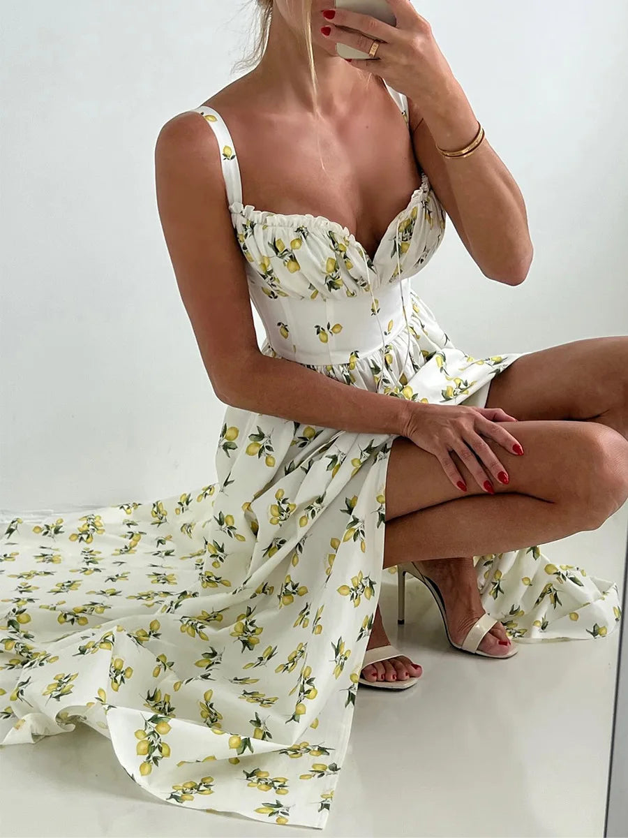 Damen Midikleid mit Muster und Herzausschnitt mit Seitenschlitz und Trägern