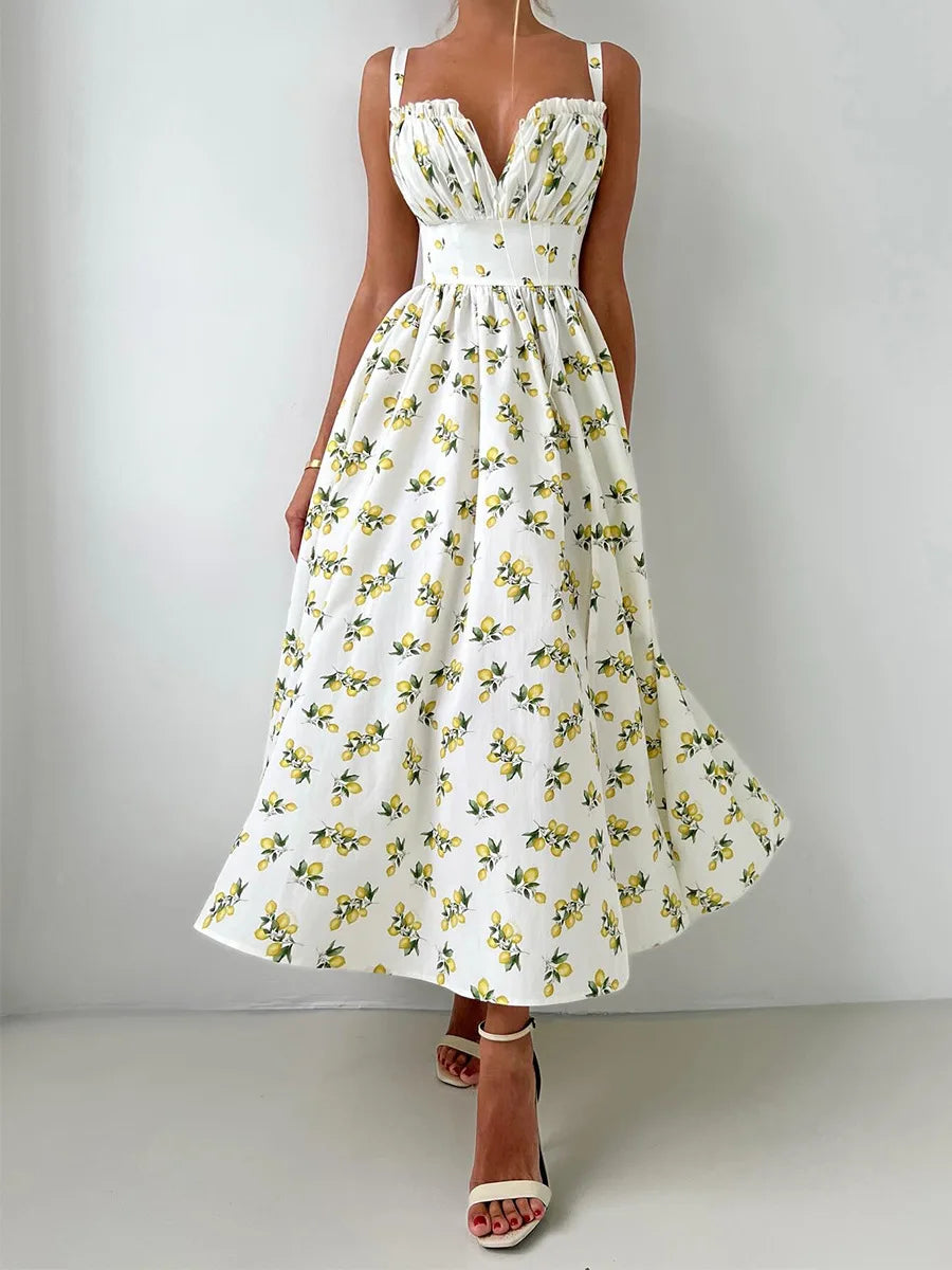 Damen Midikleid mit Muster und Herzausschnitt mit Seitenschlitz und Trägern