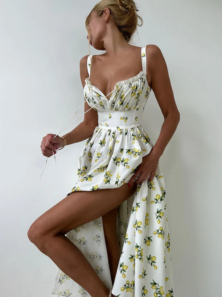 Damen Midikleid mit Muster und Herzausschnitt mit Seitenschlitz und Trägern