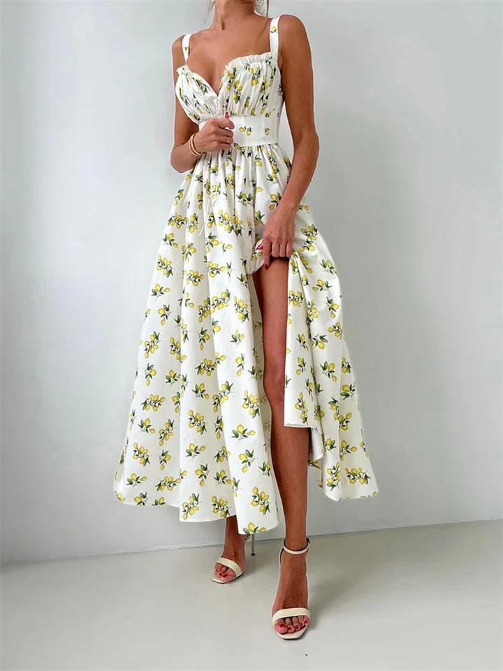 Damen Midikleid mit Muster und Herzausschnitt mit Seitenschlitz und Trägern
