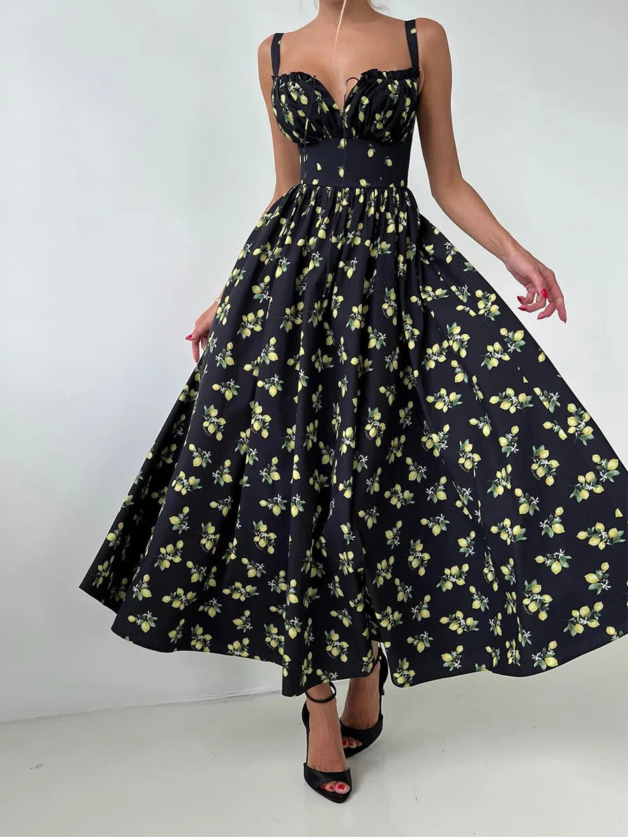 Damen Midikleid mit Muster und Herzausschnitt mit Seitenschlitz und Trägern
