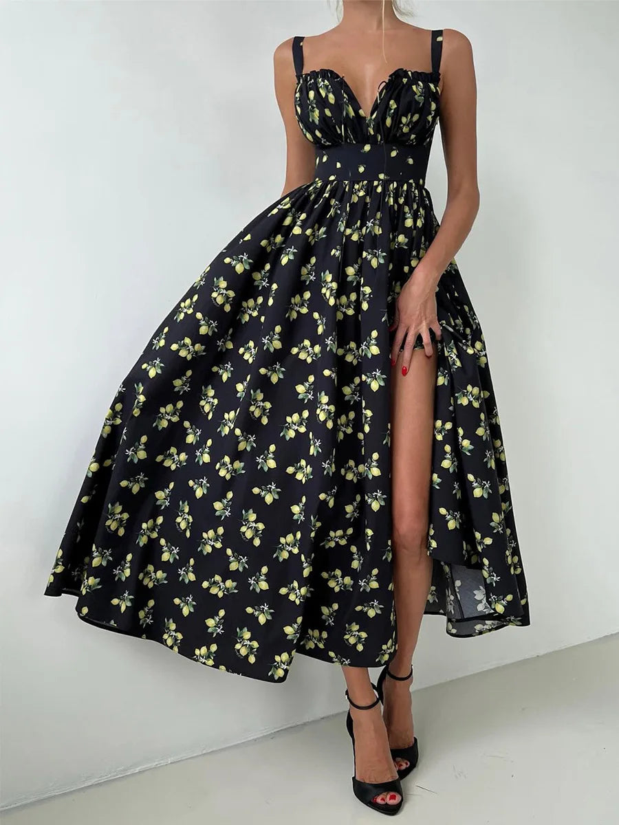 Damen Midikleid mit Muster und Herzausschnitt mit Seitenschlitz und Trägern
