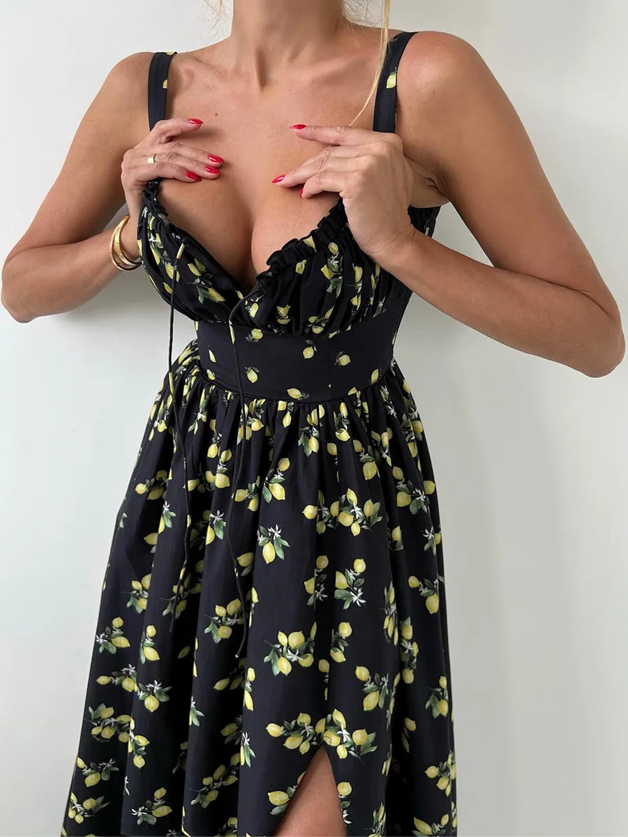 Damen Midikleid mit Muster und Herzausschnitt mit Seitenschlitz und Trägern