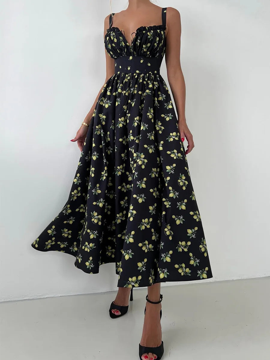 Damen Midikleid mit Muster und Herzausschnitt mit Seitenschlitz und Trägern