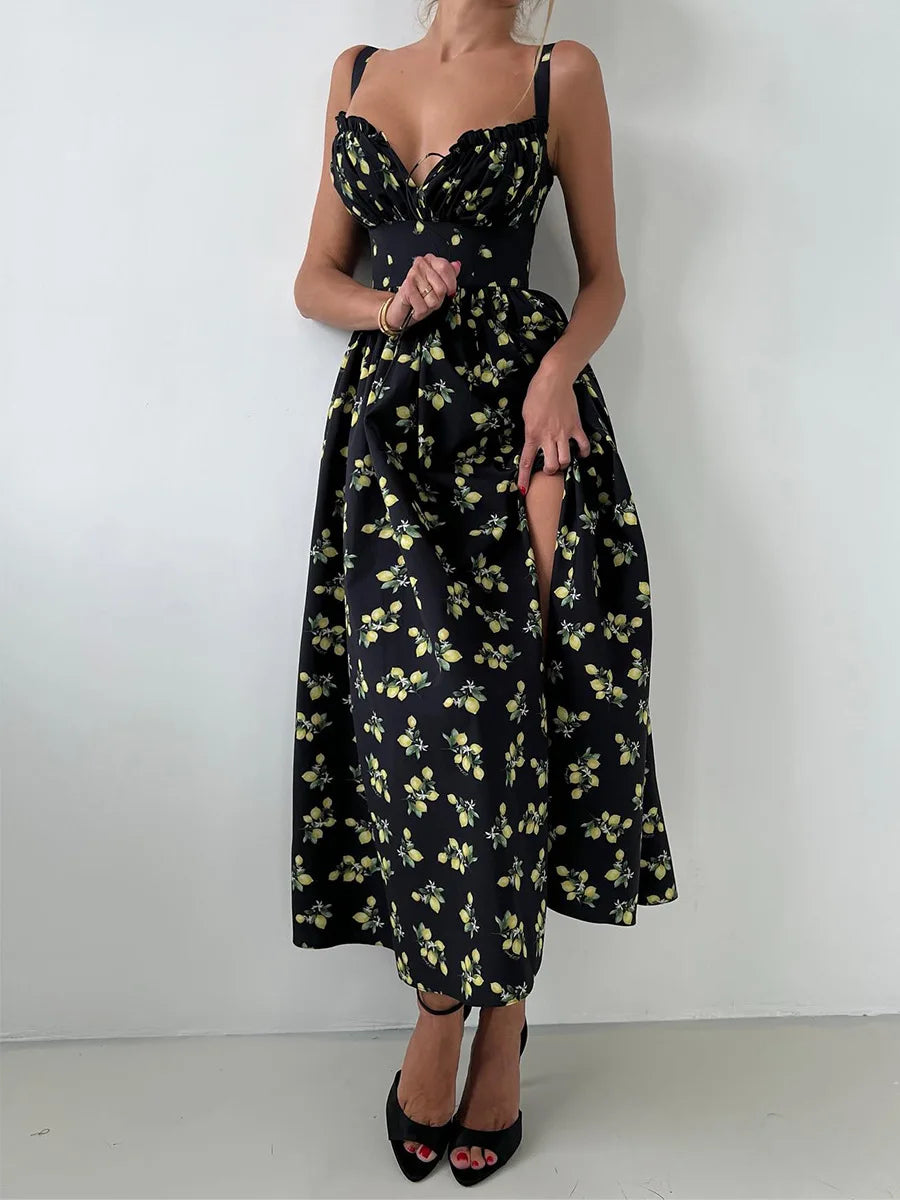 Damen Midikleid mit Muster und Herzausschnitt mit Seitenschlitz und Trägern