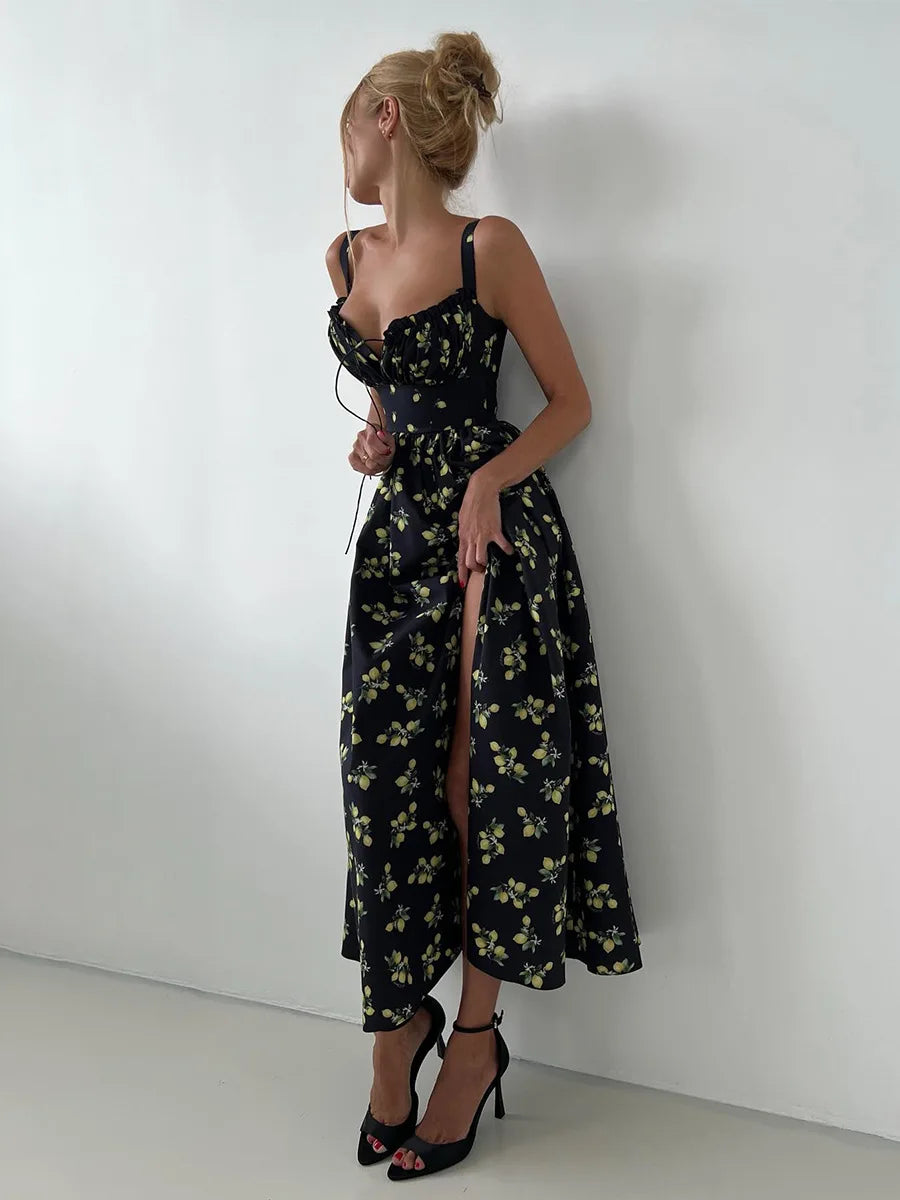 Damen Midikleid mit Muster und Herzausschnitt mit Seitenschlitz und Trägern